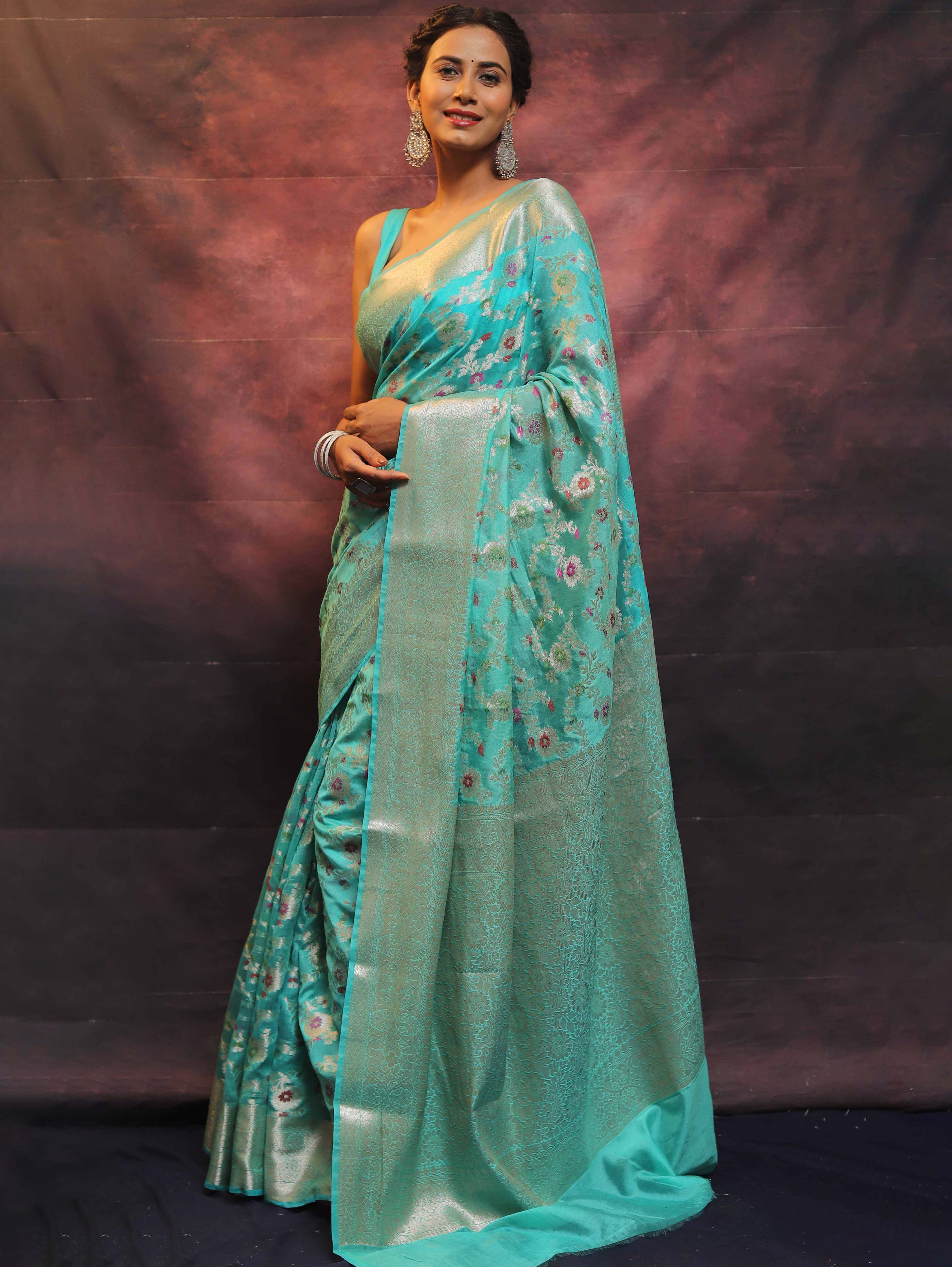 Banarasee Faux Georgette Saree With Sliver Zari & Resham Jaal Work-Sea Green