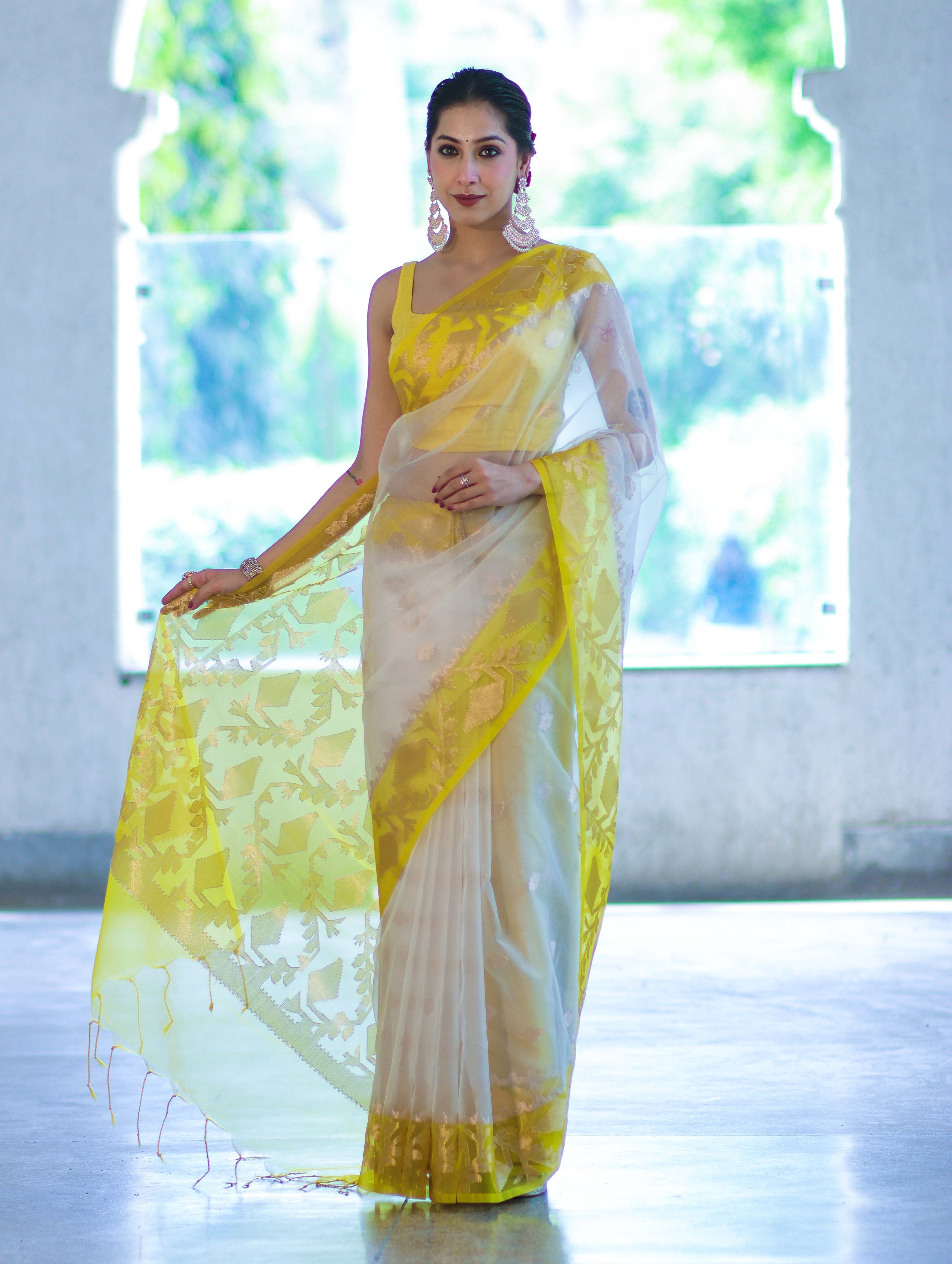 Banarasee Dual Color Organza Saree With Resham & Zari Work-Off White & Yellow