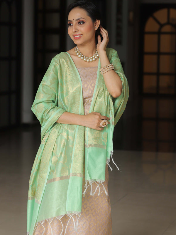 Banarasee Chanderi Cotton Salwar Kameez Fabric With Antique Zari & Contrast Dupatta-Mauve & Green