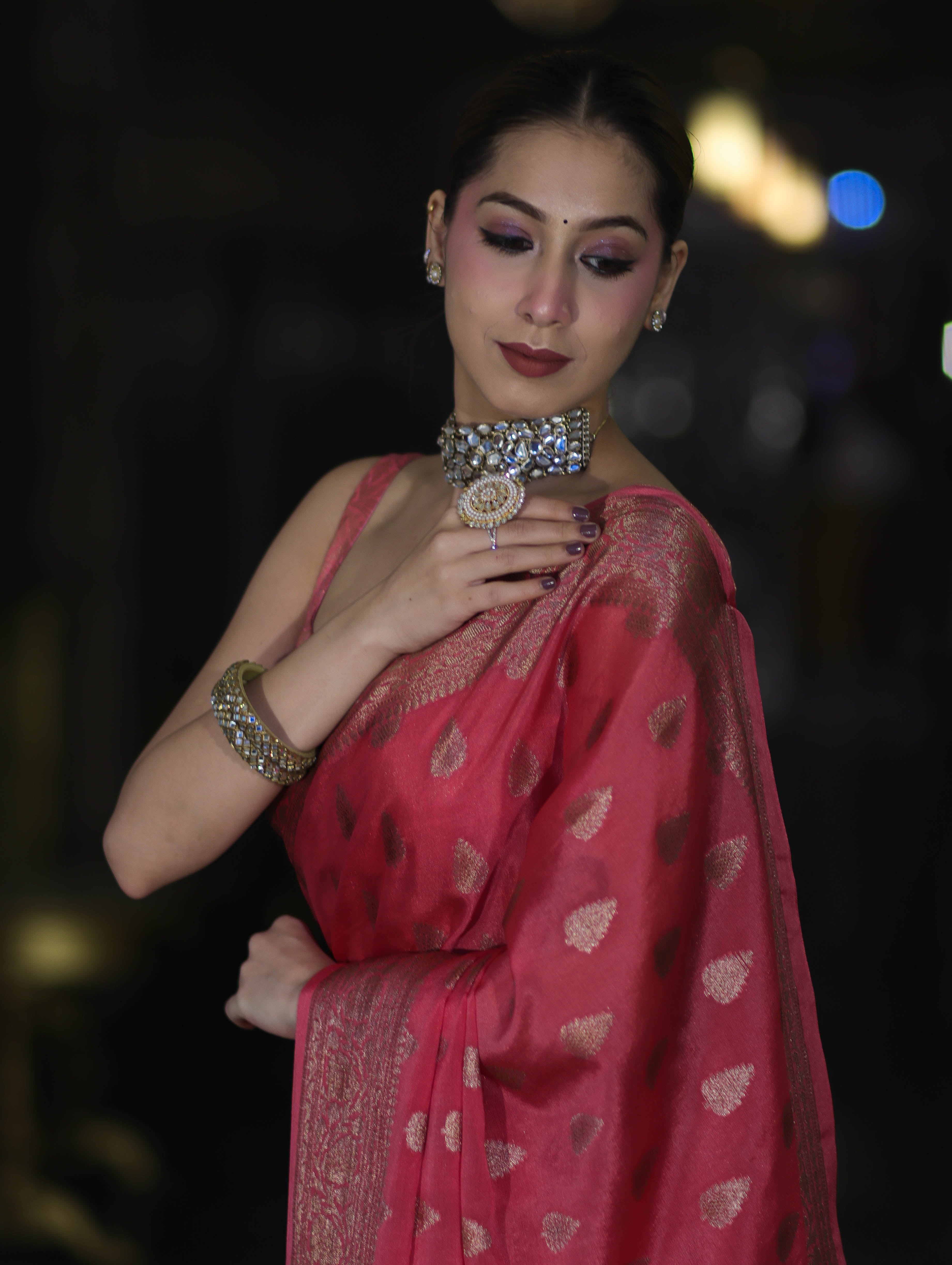 Banarasee Handloom Semi Silk Saree With Antique Zari Buta Design & Floral Border-Pink