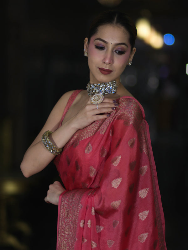 Banarasee Handloom Semi Silk Saree With Antique Zari Buta Design & Floral Border-Pink