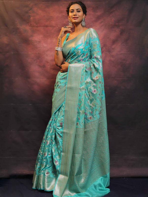 Banarasee Faux Georgette Saree With Sliver Zari & Resham Jaal Work-Sea Green