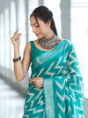 Bhagalpur Handloom Pure Linen Cotton Zig-Zag Pattern Saree-Turquoise Green