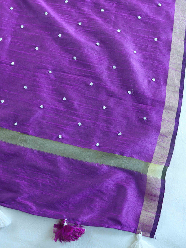 Banarasee Art Silk Dupatta With Hand-Embroidered Motifs-Purple