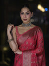 Banarasee Handloom Semi Silk Saree With Antique Zari Buta Design & Floral Border-Pink