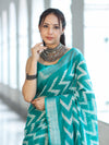 Bhagalpur Handloom Pure Linen Cotton Zig-Zag Pattern Saree-Turquoise Green