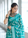 Bhagalpur Handloom Pure Linen Cotton Zig-Zag Pattern Saree-Turquoise Green