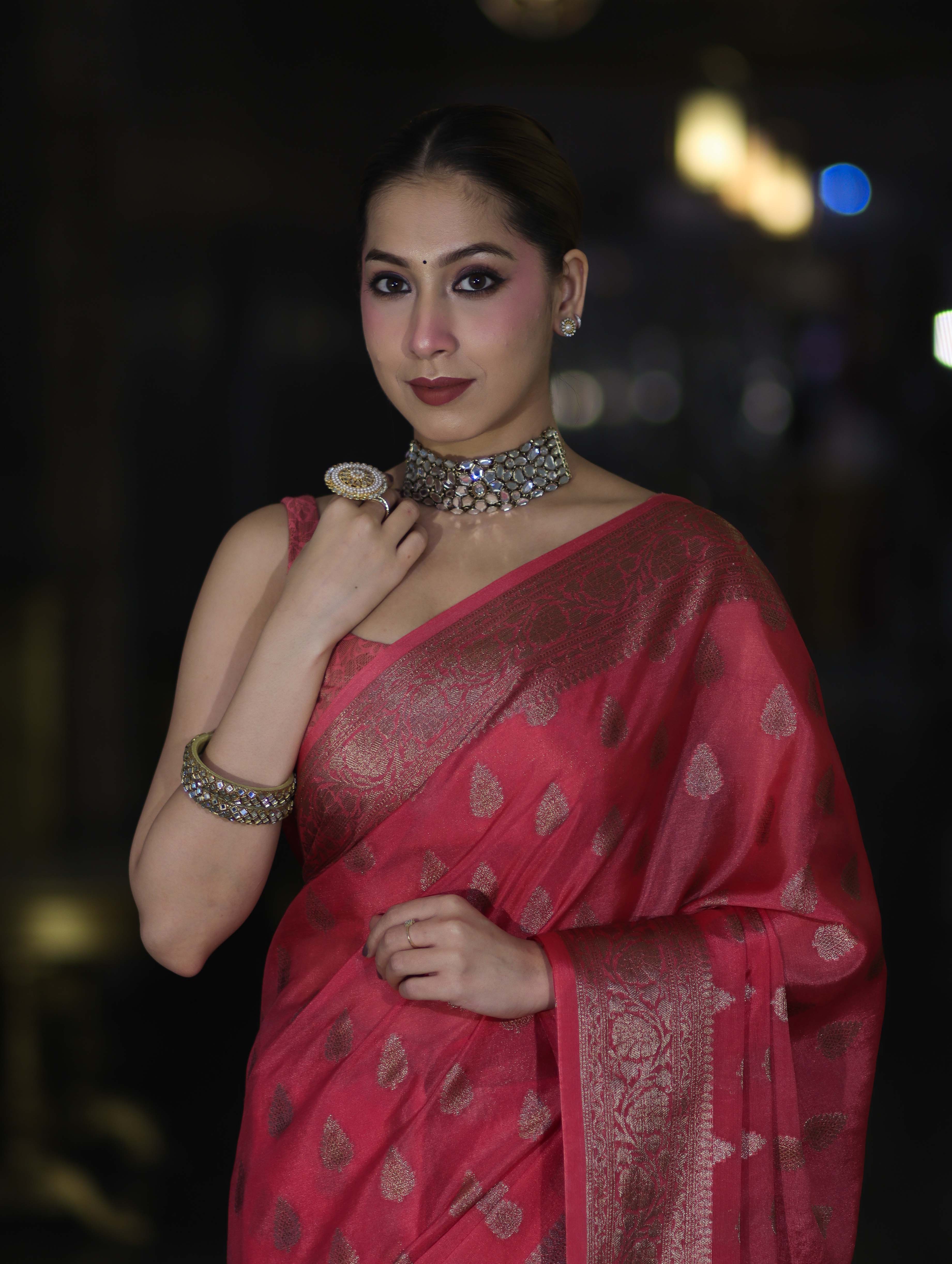 Banarasee Handloom Semi Silk Saree With Antique Zari Buta Design & Floral Border-Pink