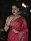Banarasee Handloom Semi Silk Saree With Antique Zari Buta Design & Floral Border-Pink
