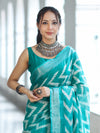 Bhagalpur Handloom Pure Linen Cotton Zig-Zag Pattern Saree-Turquoise Green