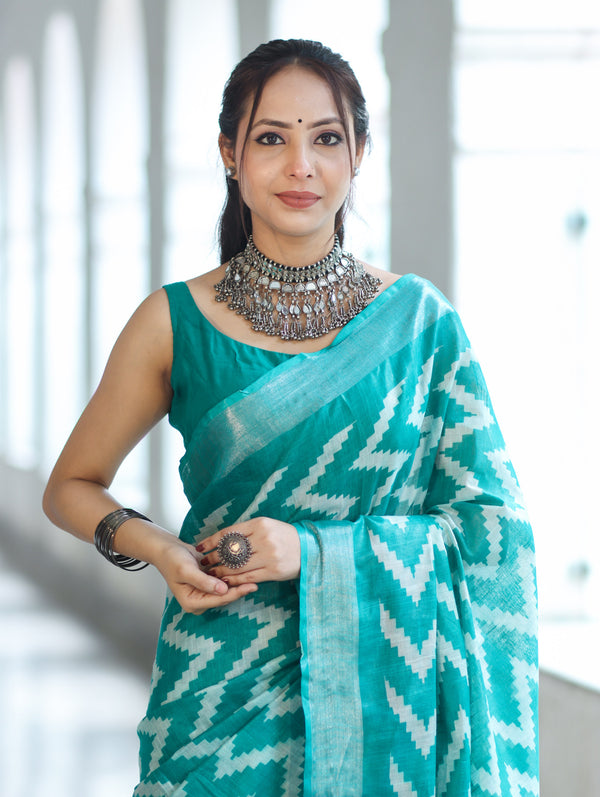 Bhagalpur Handloom Pure Linen Cotton Zig-Zag Pattern Saree-Turquoise Green