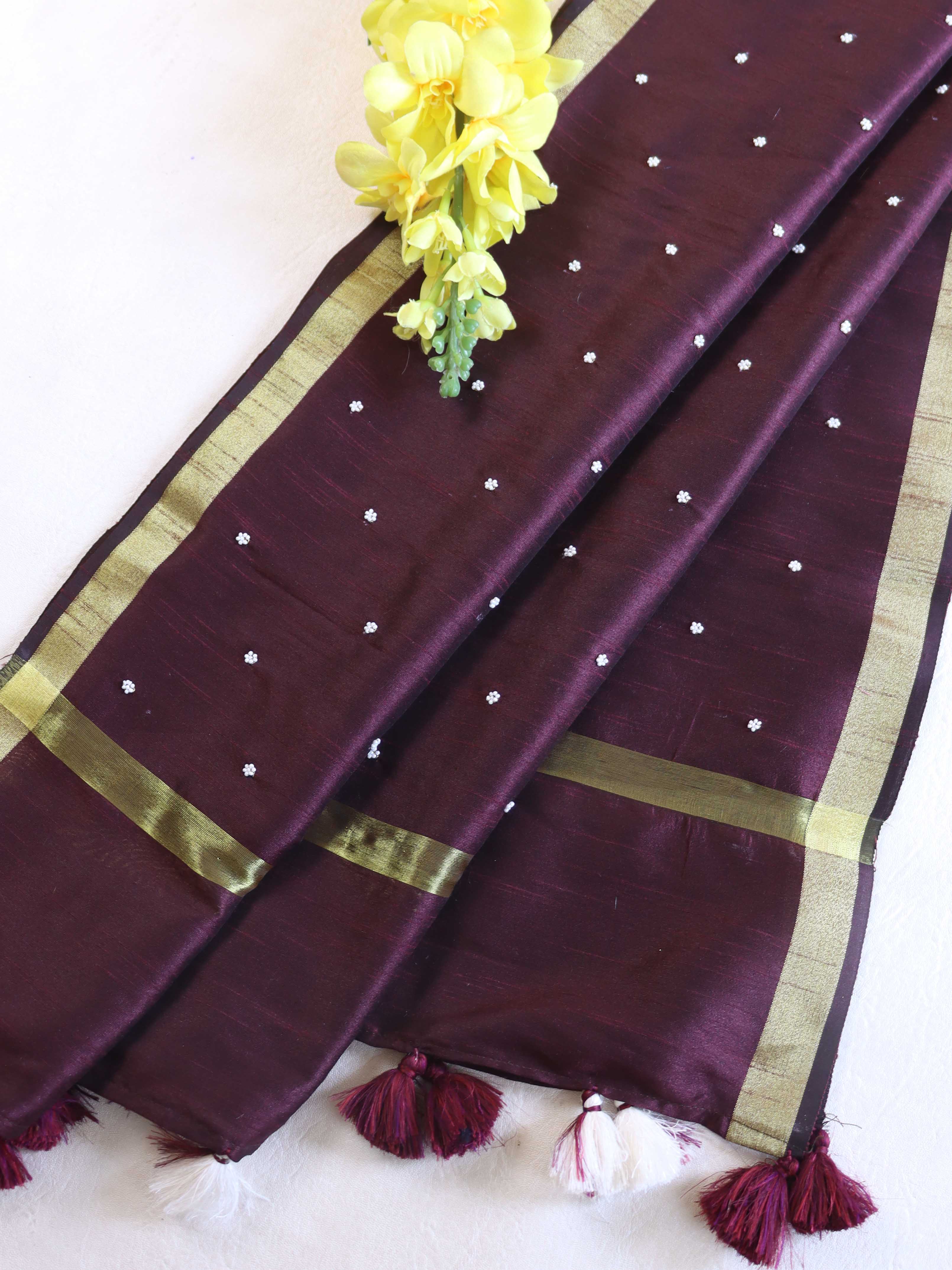 Banarasee Art Silk Dupatta With Hand-Embroidered Motifs-Violet