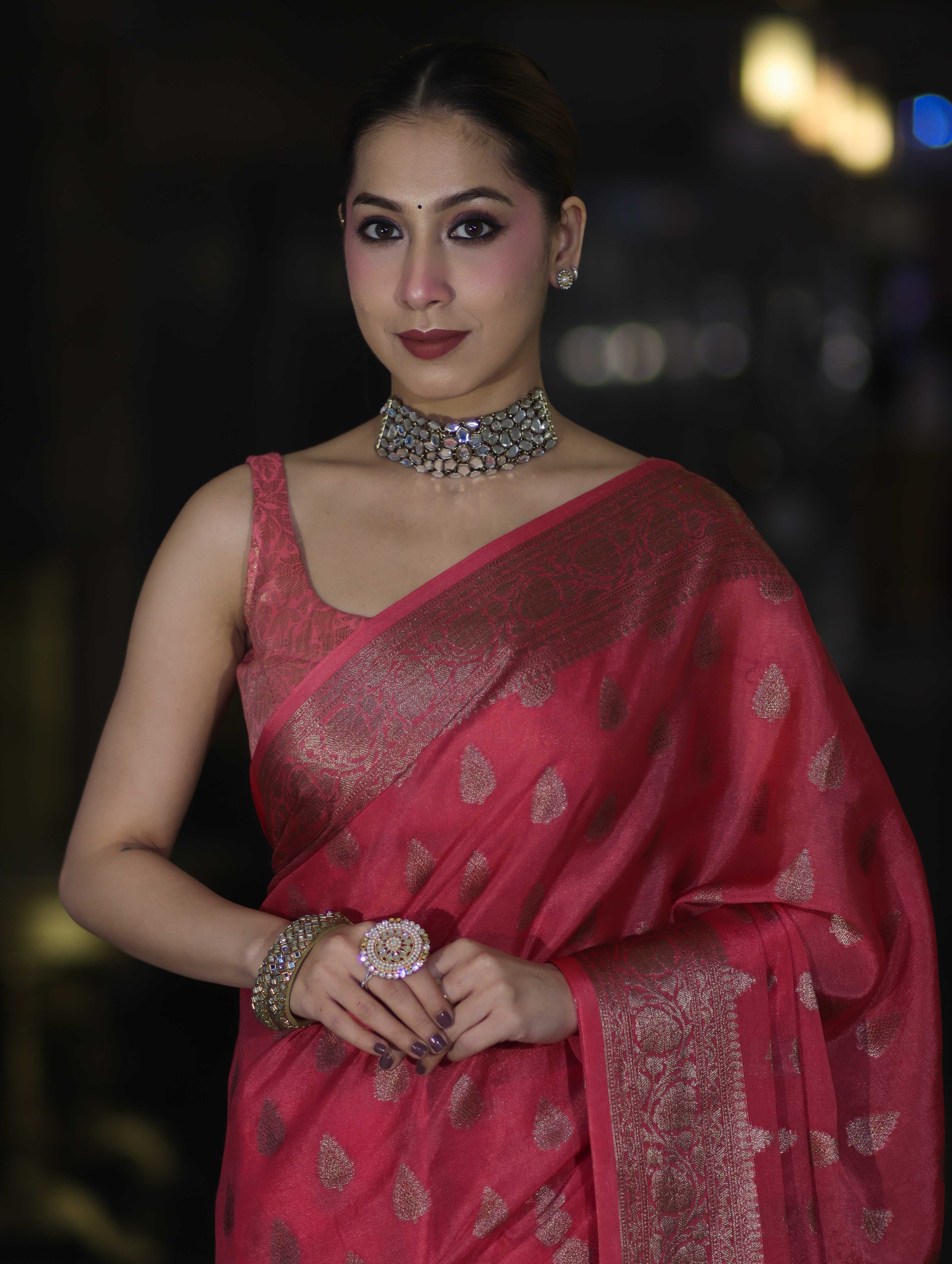 Banarasee Handloom Semi Silk Saree With Antique Zari Buta Design & Floral Border-Pink