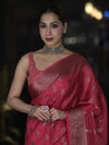 Banarasee Handloom Semi Silk Saree With Antique Zari Buta Design & Floral Border-Pink
