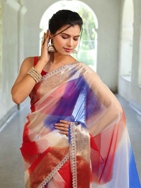 Banarasee Organza Saree With Zari Design Border & Lace-Multicolor