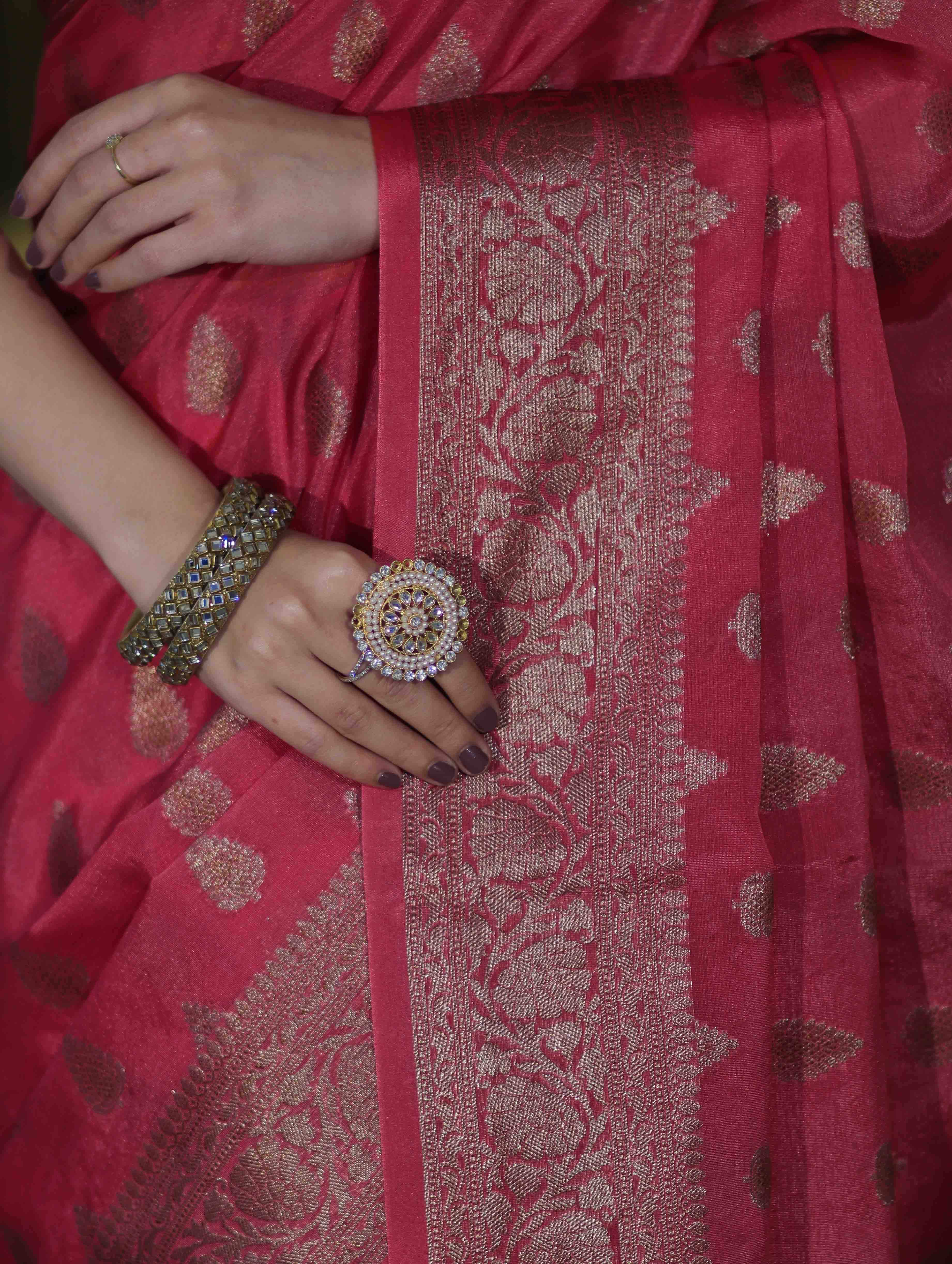 Banarasee Handloom Semi Silk Saree With Antique Zari Buta Design & Floral Border-Pink