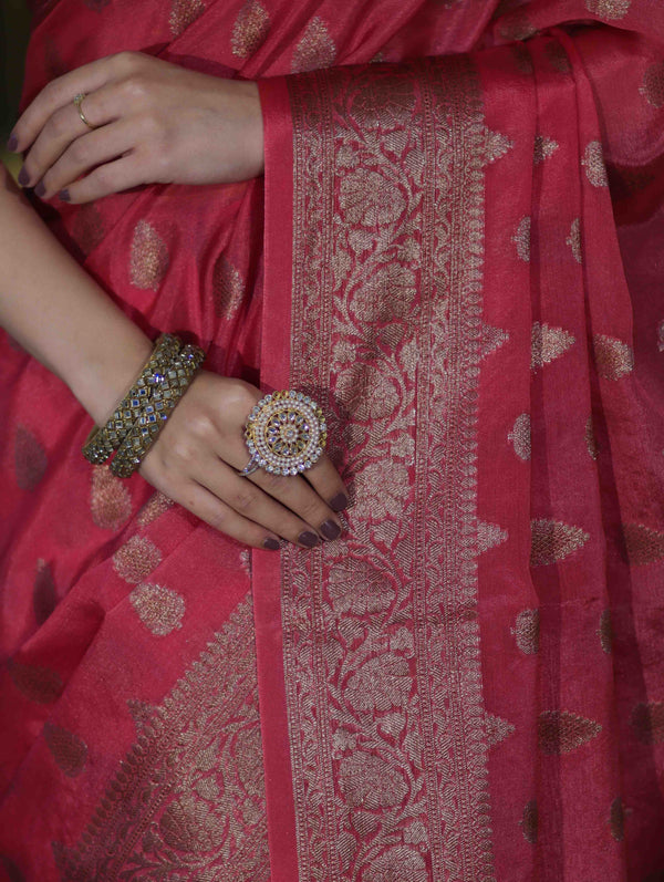 Banarasee Handloom Semi Silk Saree With Antique Zari Buta Design & Floral Border-Pink