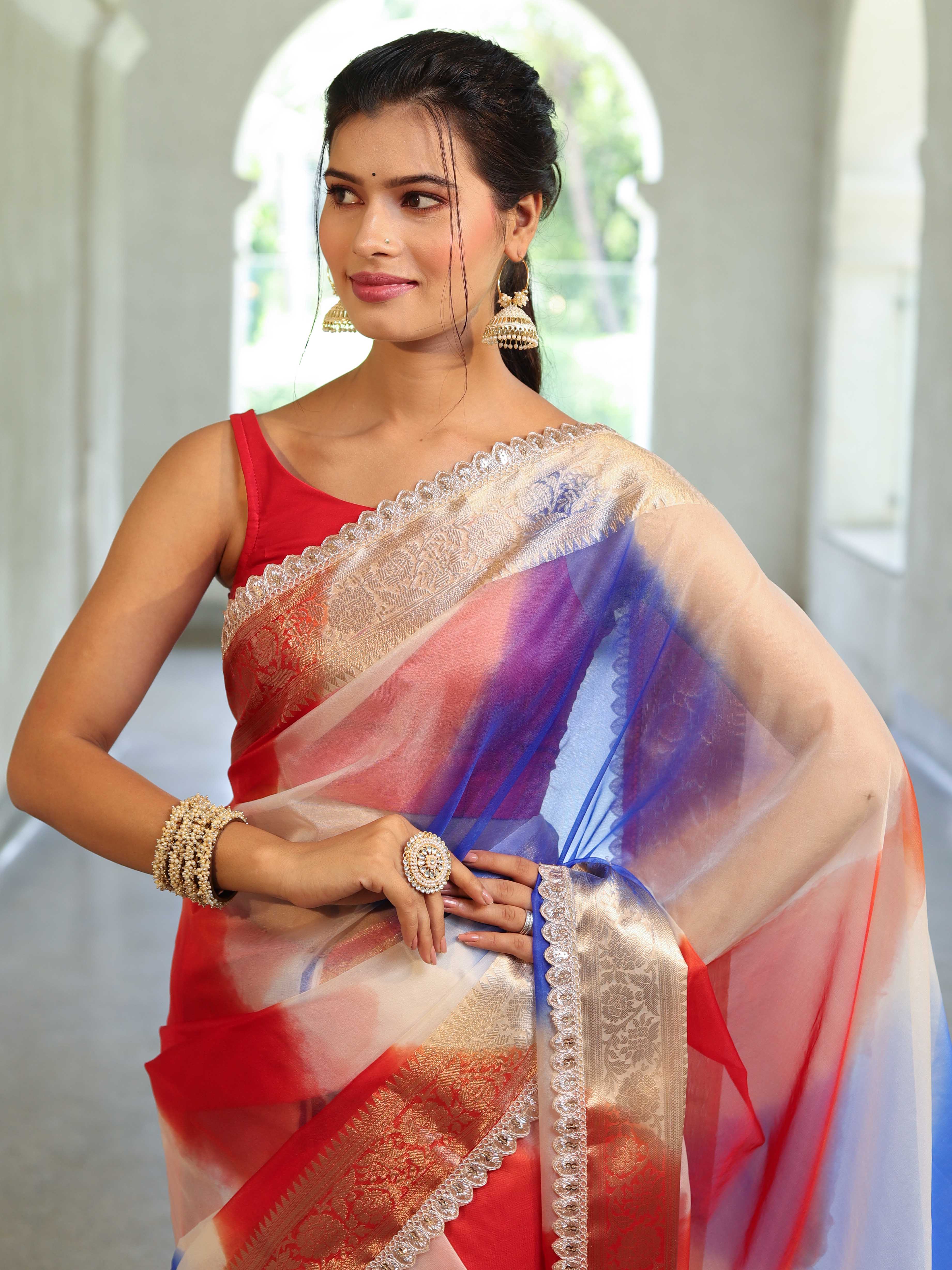 Banarasee Organza Saree With Zari Design Border & Lace-Multicolor