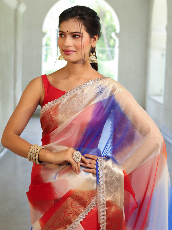 Banarasee Organza Saree With Zari Design Border & Lace-Multicolor