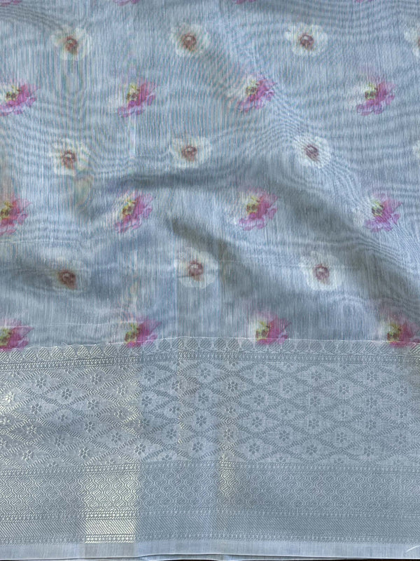 Banarasee Handloom Chanderi Digital Print Saree With Silver Zari Design-Blue