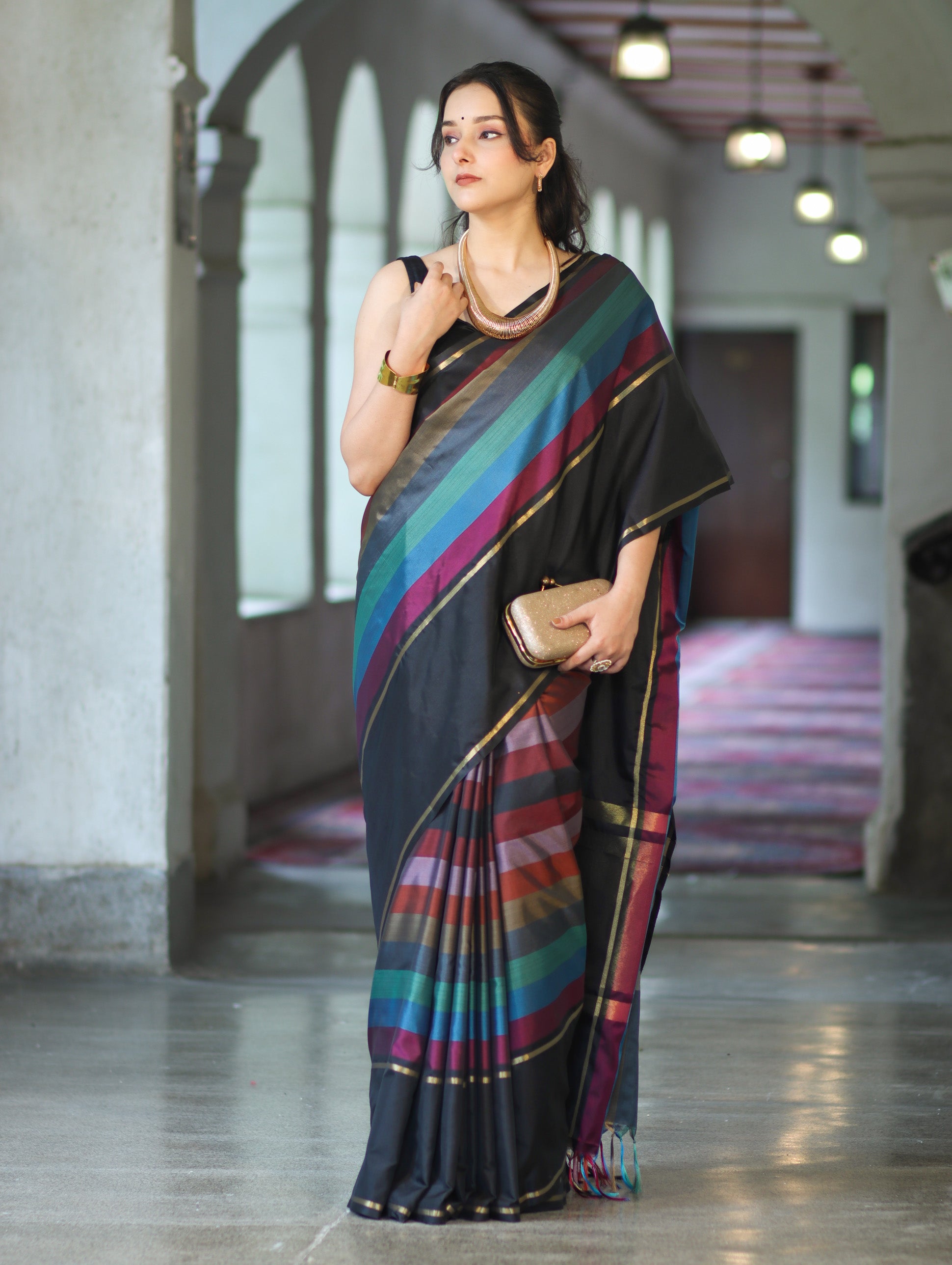 Banarasee Handloom Semi Silk Saree With Stripes Design-Multicolor