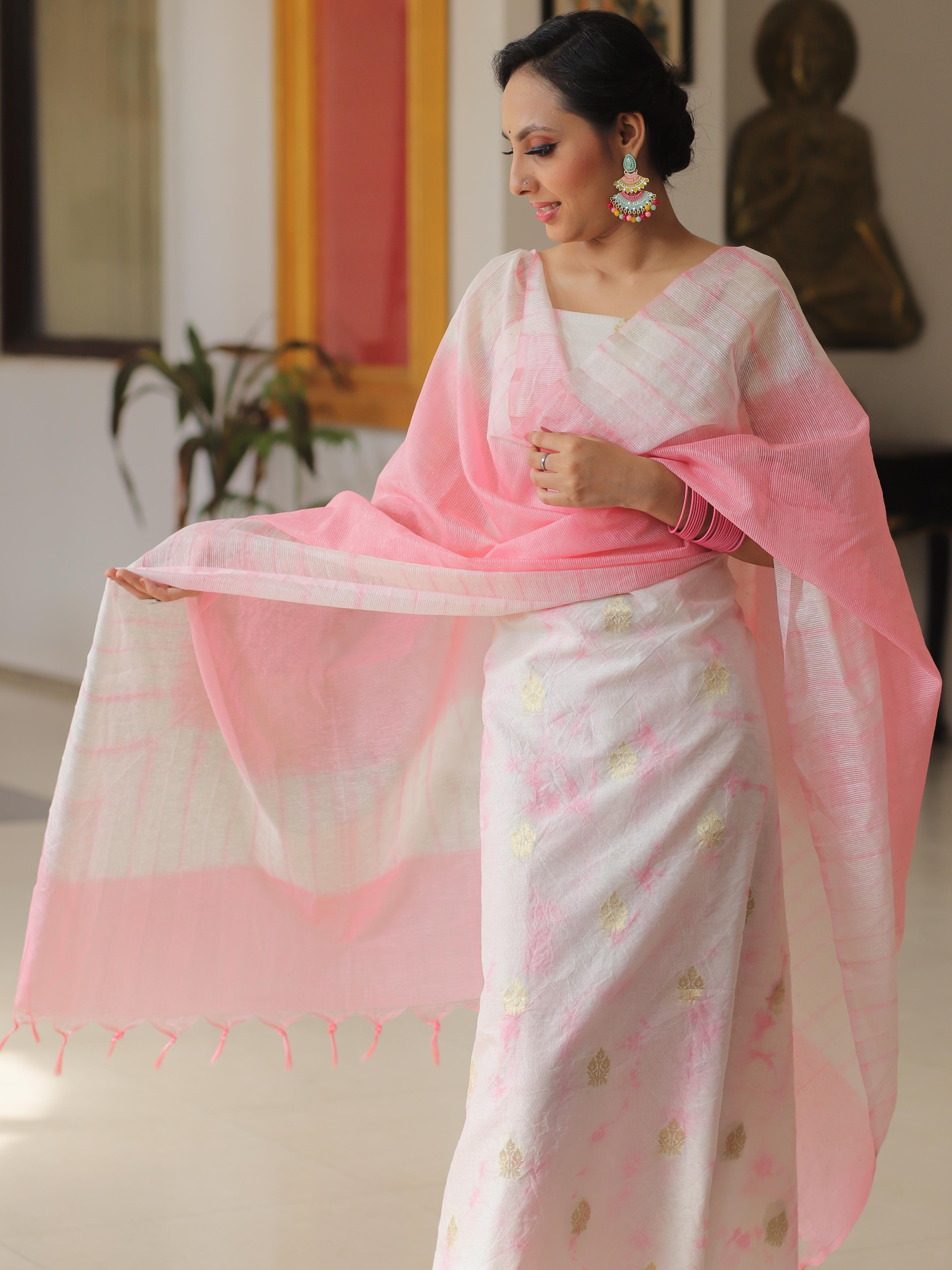 Banarasee Chanderi Cotton Zari Buti Salwar Kameez With Dupatta-White & Pink