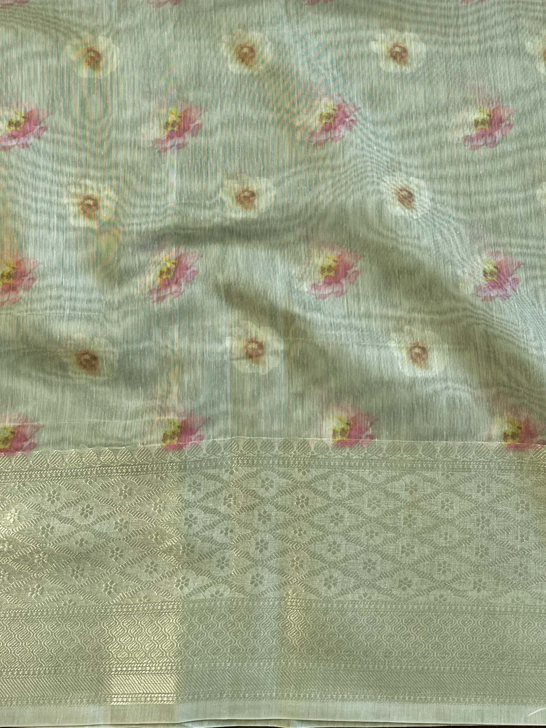 Banarasee Handloom Chanderi Digital Print Saree With Silver Zari Design-Pastel Green