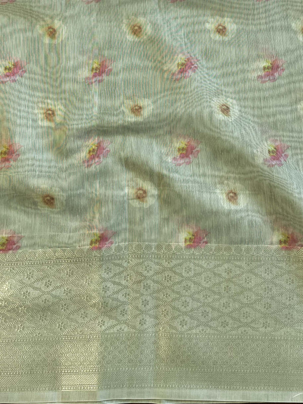 Banarasee Handloom Chanderi Digital Print Saree With Silver Zari Design-Pastel Green