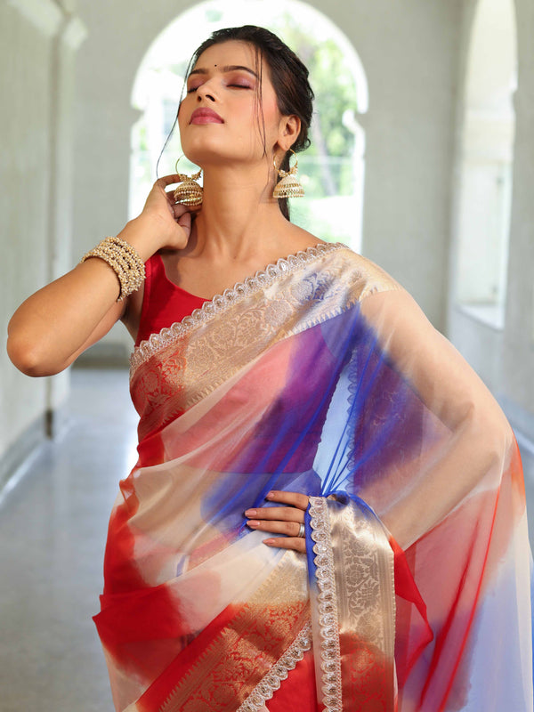Banarasee Organza Saree With Zari Design Border & Lace-Multicolor
