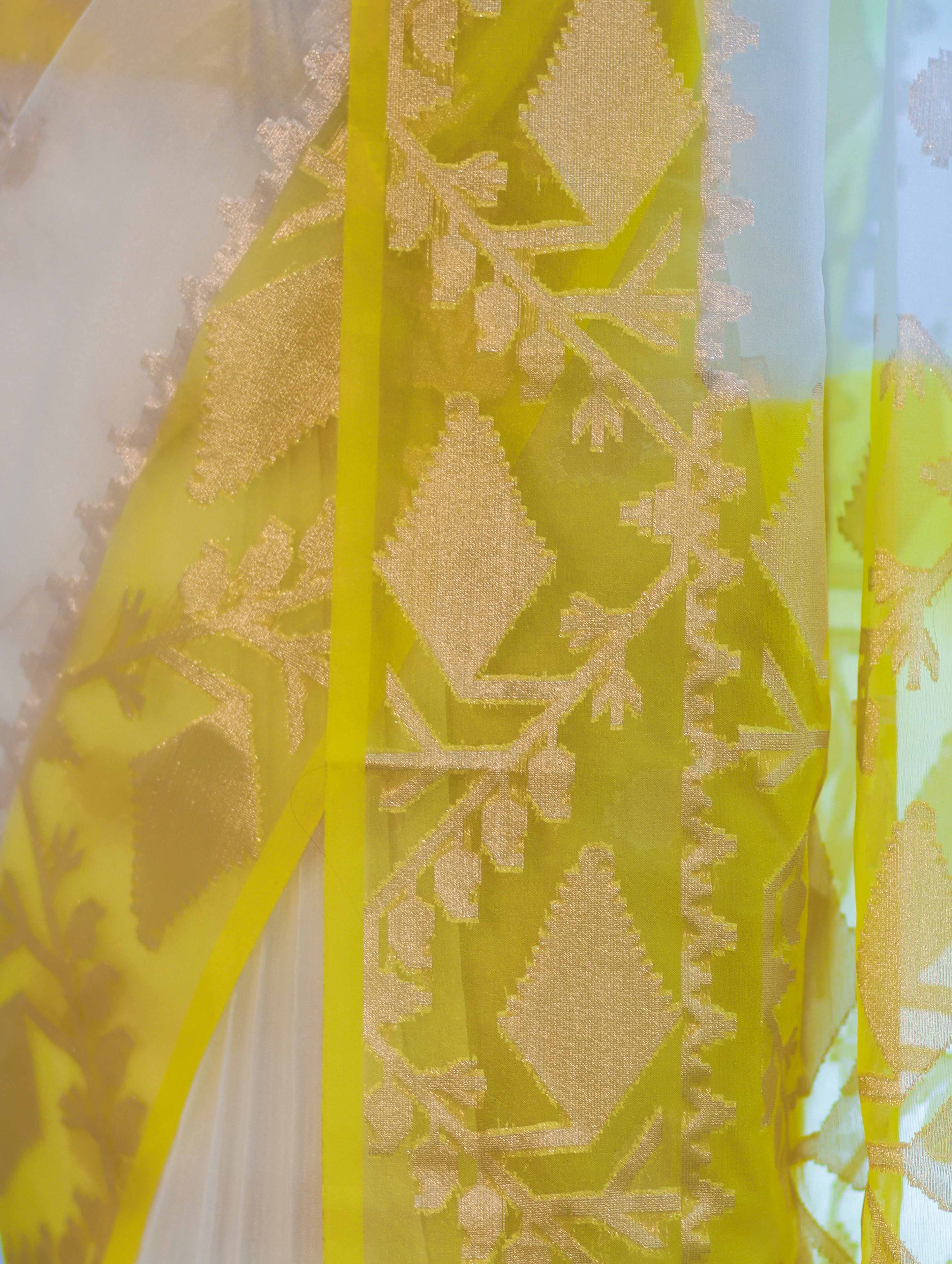 Banarasee Dual Color Organza Saree With Resham & Zari Work-Off White & Yellow