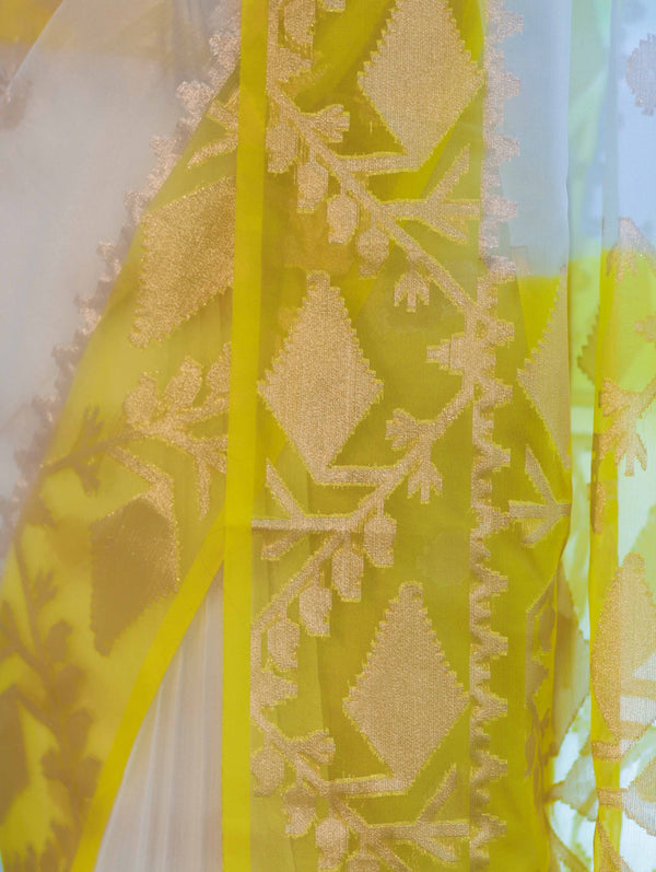 Banarasee Dual Color Organza Saree With Resham & Zari Work-Off White & Yellow