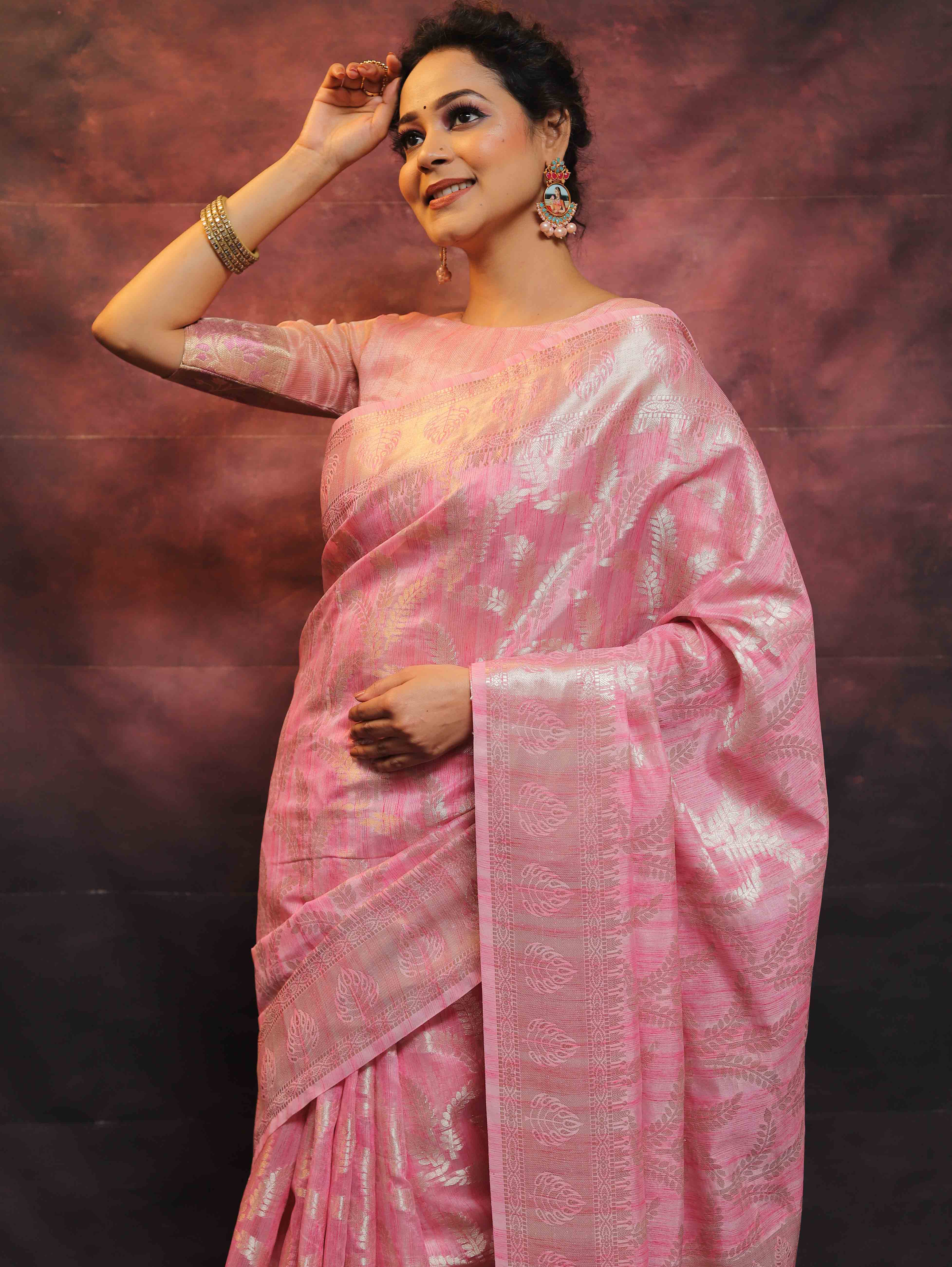 Banarasee Handloom Linen Silk Mix Zari Work Saree-Pink