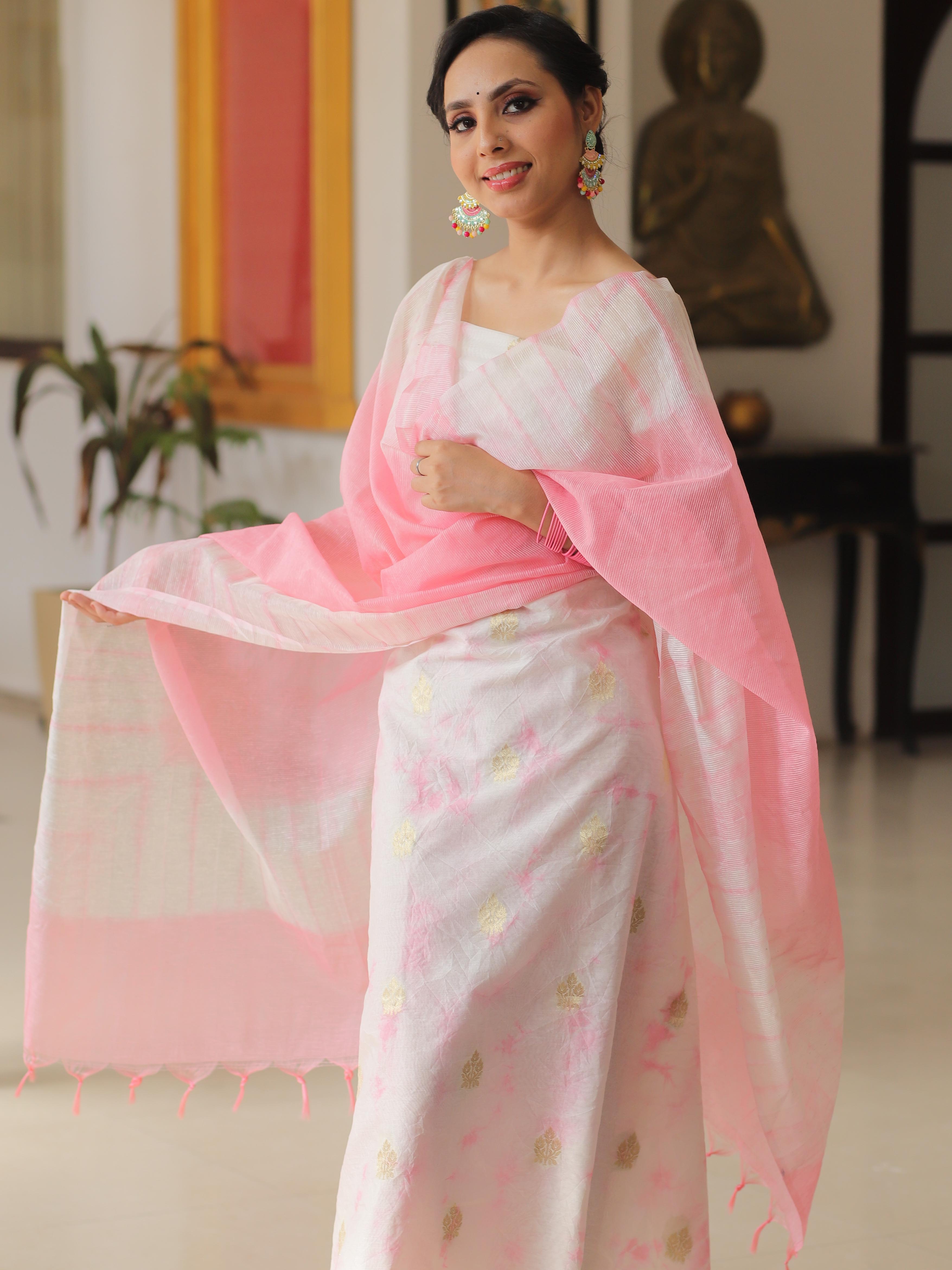 Banarasee Chanderi Cotton Zari Buti Salwar Kameez With Dupatta-White & Pink