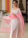Banarasee Chanderi Cotton Zari Buti Salwar Kameez With Dupatta-White & Pink