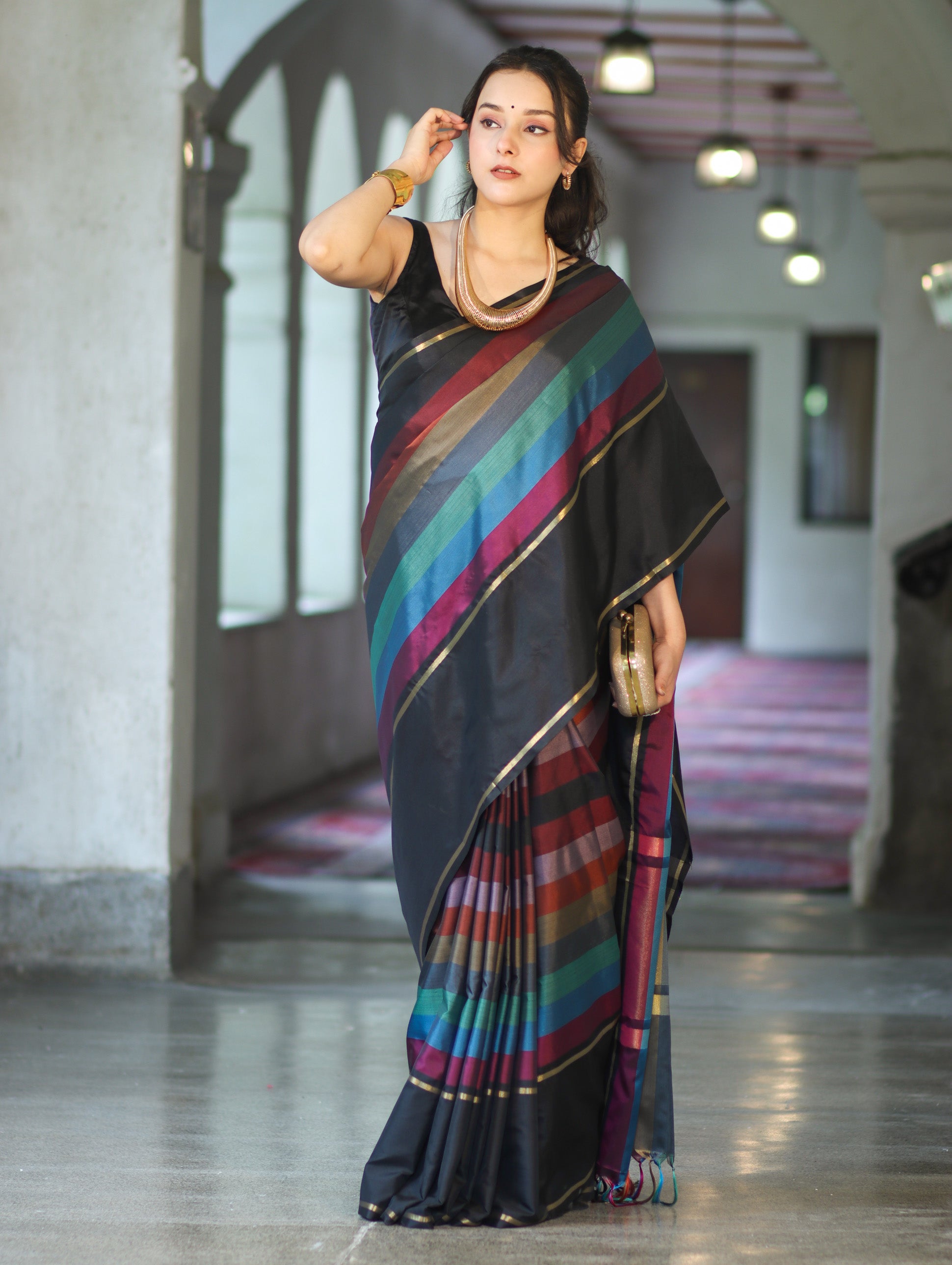Banarasee Handloom Semi Silk Saree With Stripes Design-Multicolor