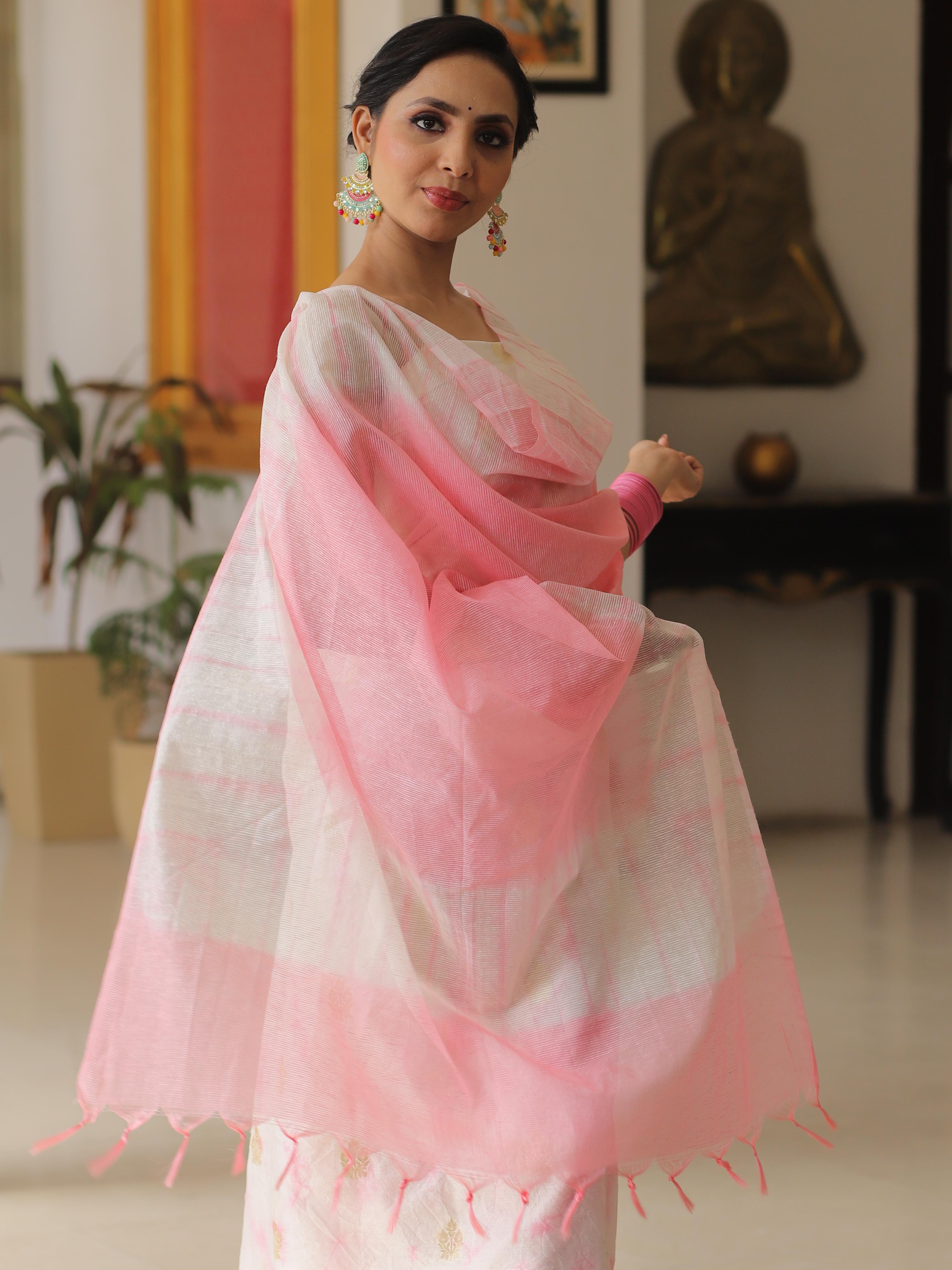 Banarasee Chanderi Cotton Zari Buti Salwar Kameez With Dupatta-White & Pink