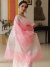 Banarasee Chanderi Cotton Zari Buti Salwar Kameez With Dupatta-White & Pink