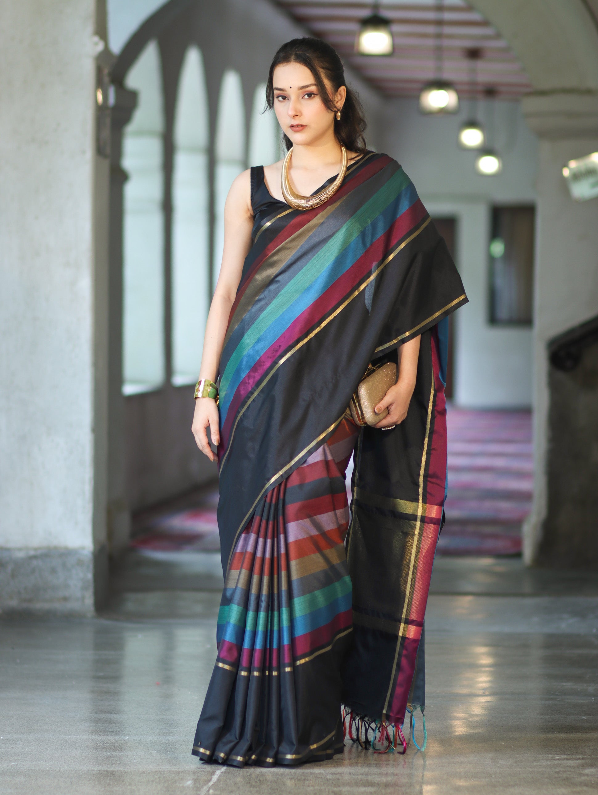 Banarasee Handloom Semi Silk Saree With Stripes Design-Multicolor