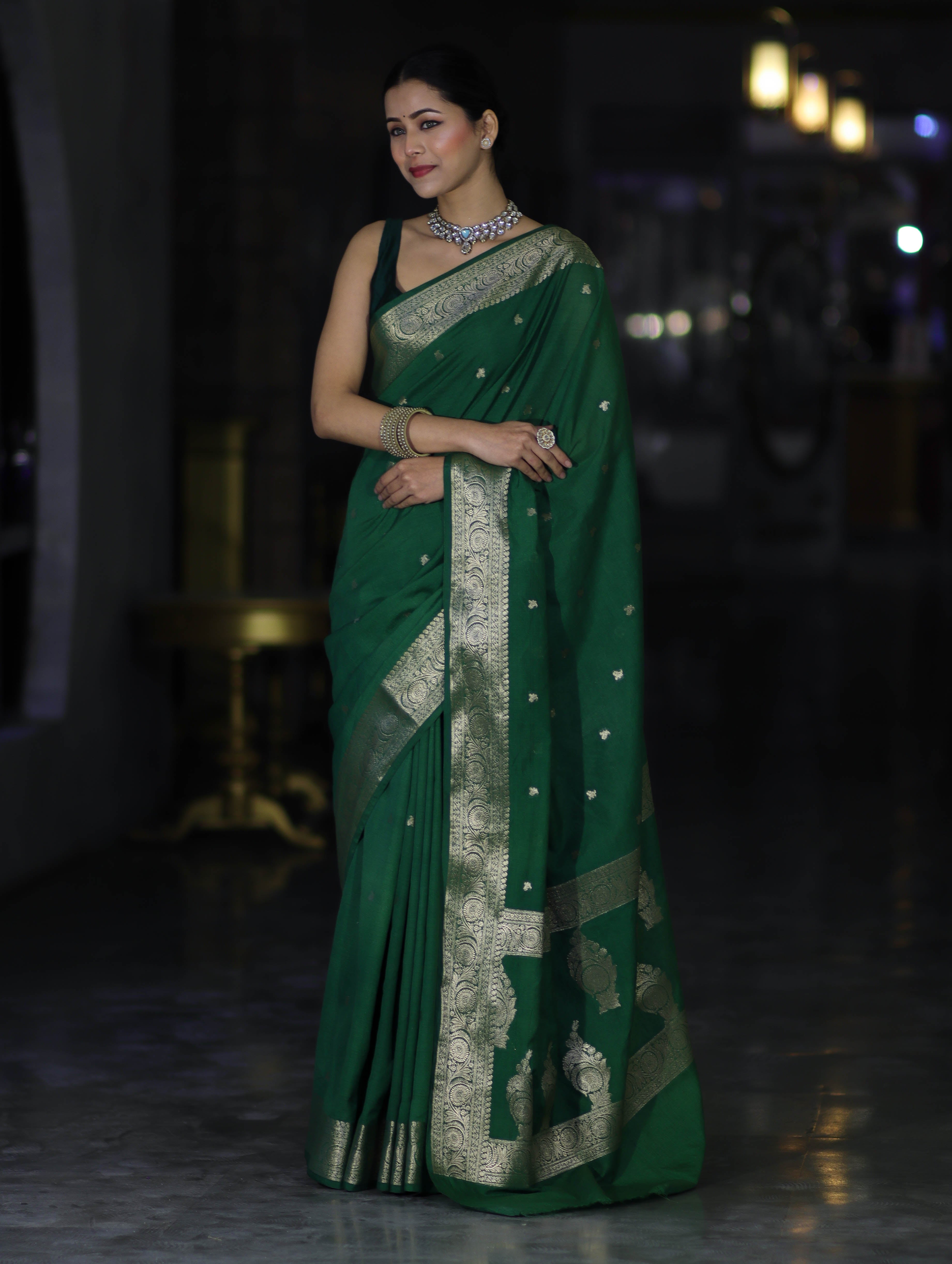 Banarasee Handloom Semi Silk Saree With Zari Buti Design & Floral Border-Green
