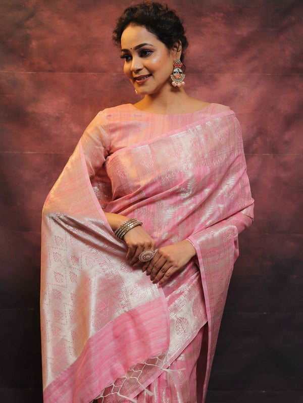 Banarasee Handloom Linen Silk Mix Zari Work Saree-Pink