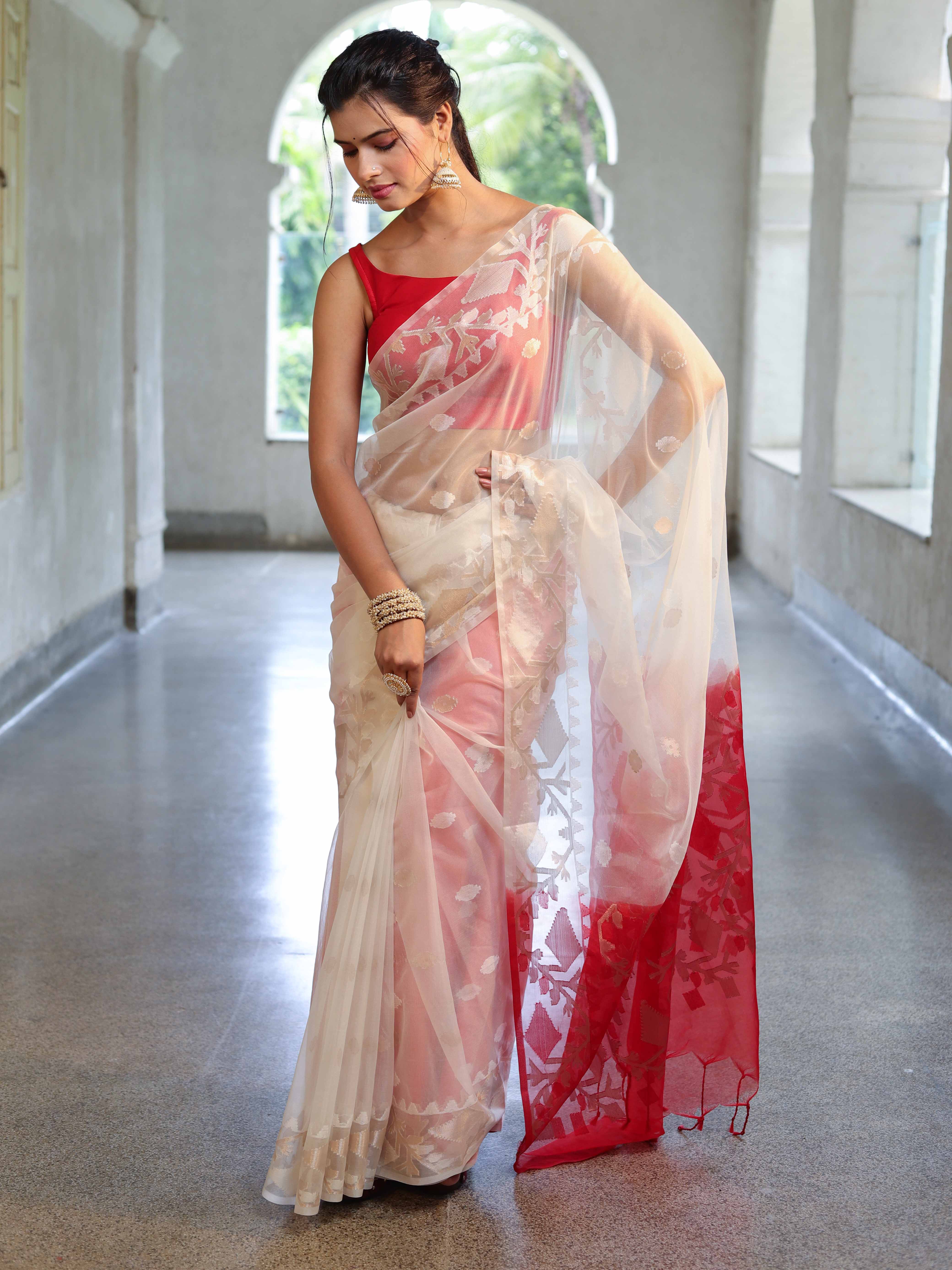 Banarasee Dual Color Organza Mix Saree With Zari Jaal Design-White & Red
