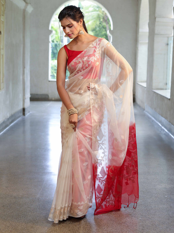 Banarasee Dual Color Organza Mix Saree With Zari Jaal Design-White & Red