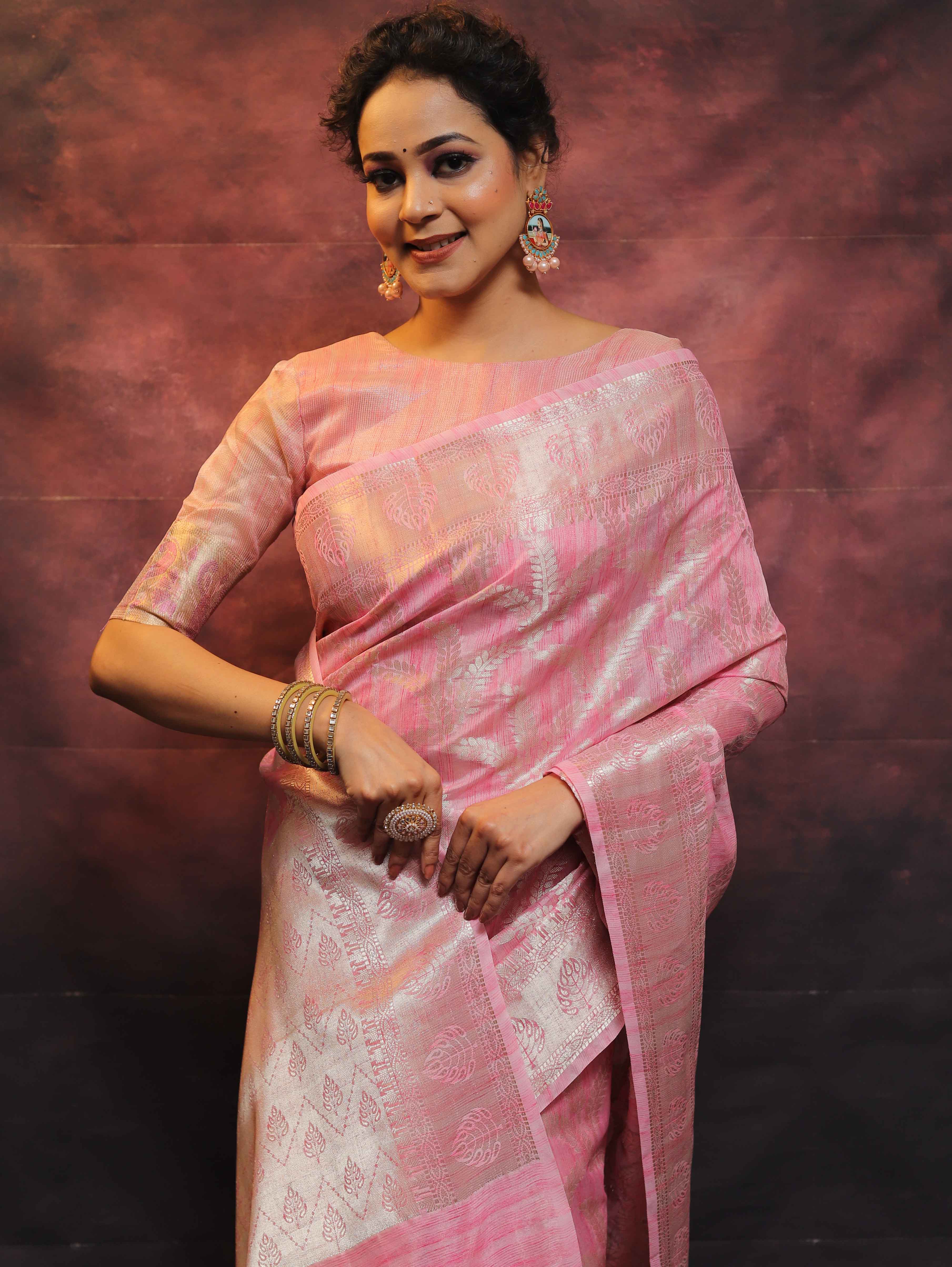 Banarasee Handloom Linen Silk Mix Zari Work Saree-Pink