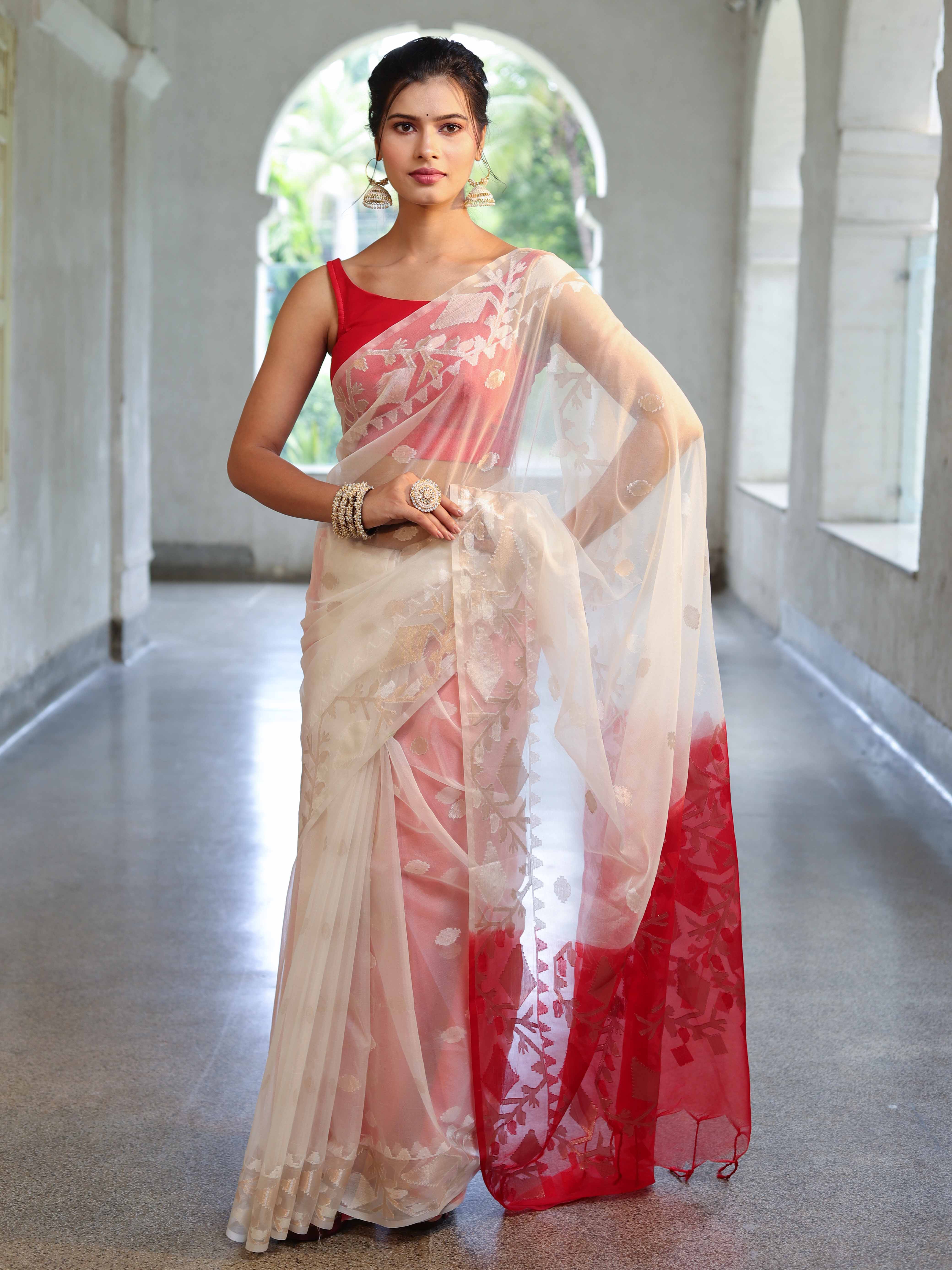 Banarasee Dual Color Organza Mix Saree With Zari Jaal Design-White & Red