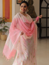 Banarasee Chanderi Cotton Zari Buti Salwar Kameez With Dupatta-White & Pink