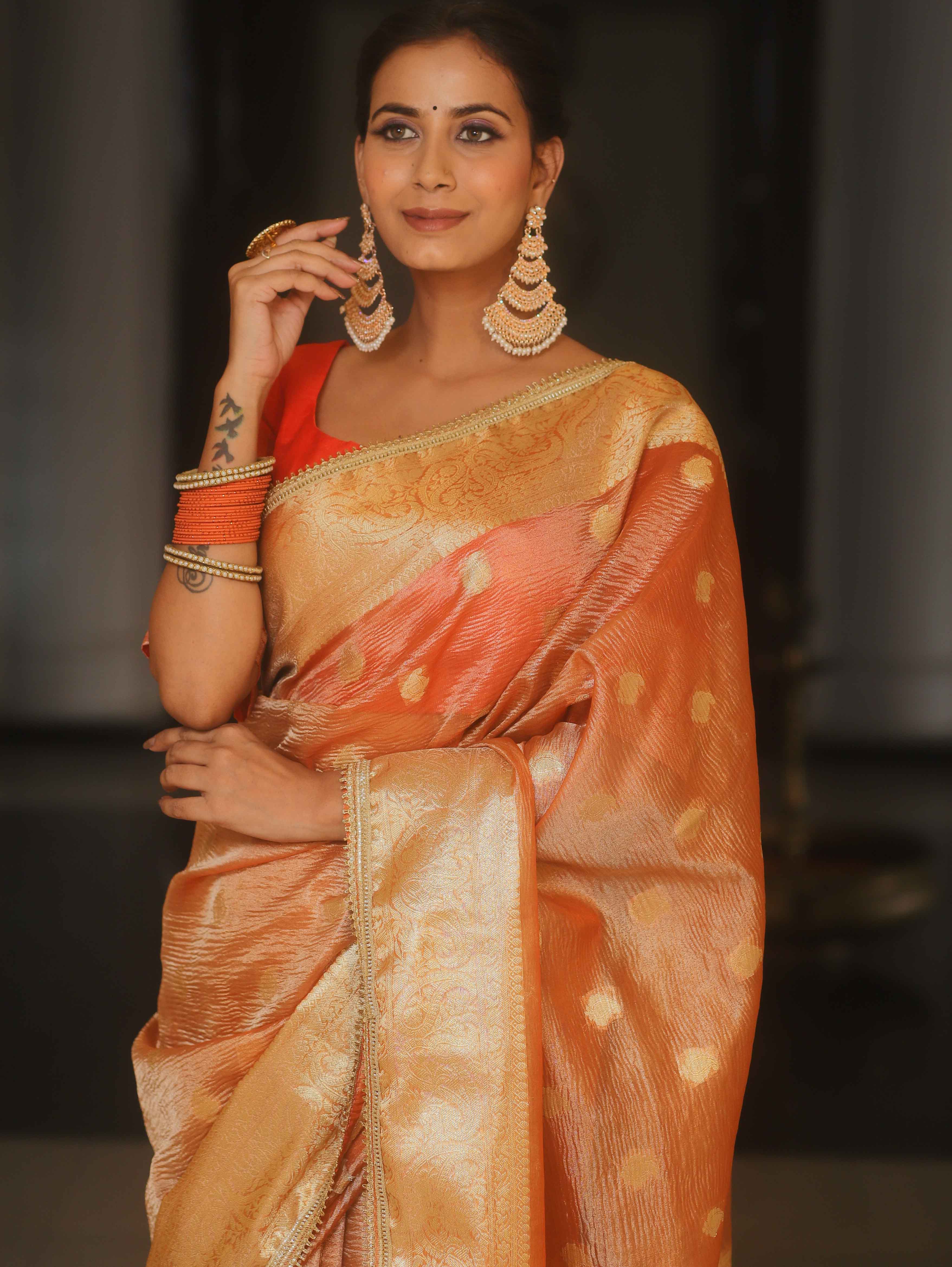 Banarasee Handwoven Crushed Tissue Saree Zari Border With Lace-Orange