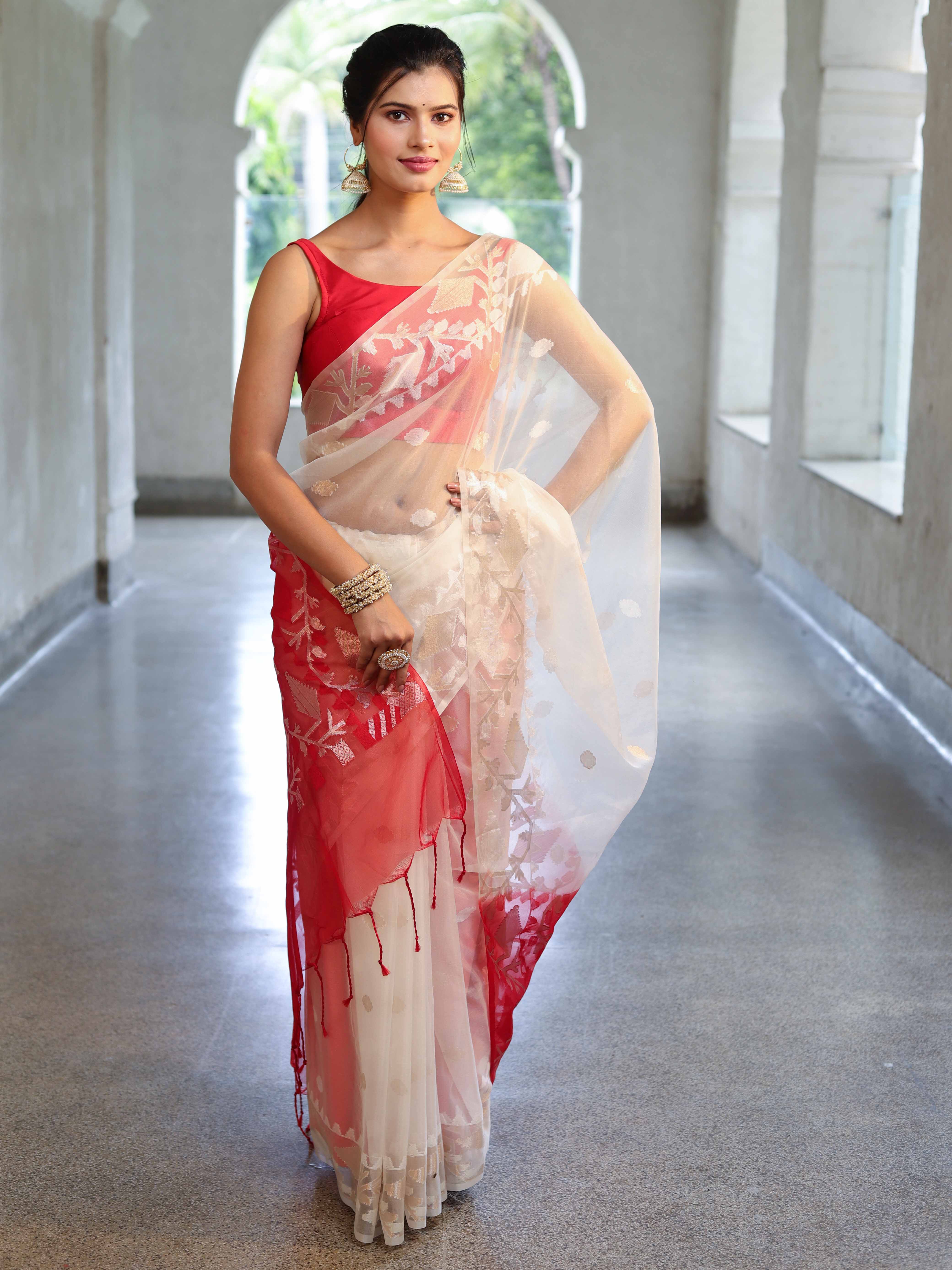 Banarasee Dual Color Organza Mix Saree With Zari Jaal Design-White & Red