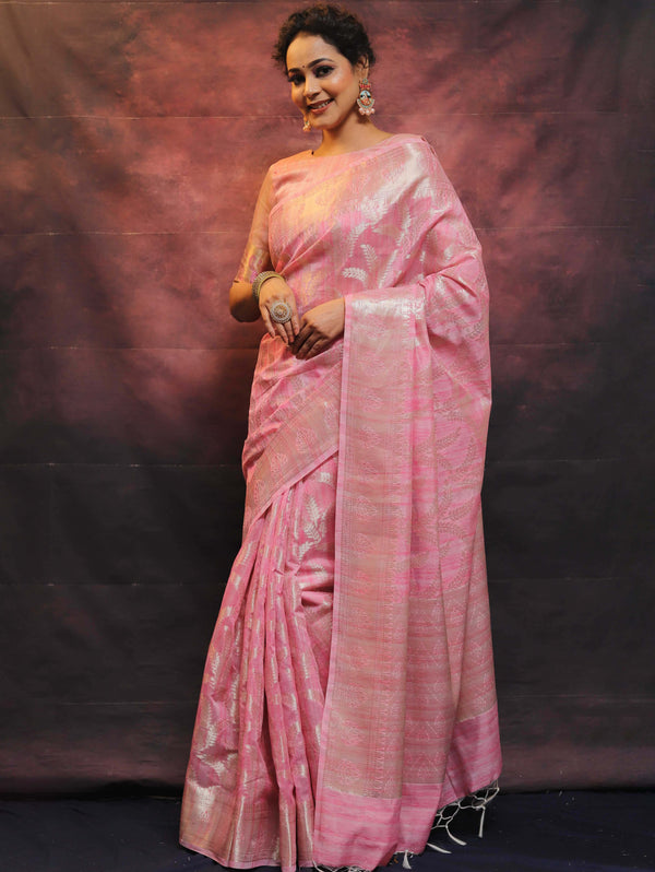 Banarasee Handloom Linen Silk Mix Zari Work Saree-Pink