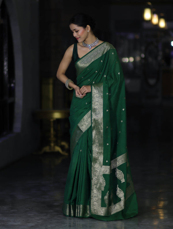 Banarasee Handloom Semi Silk Saree With Zari Buti Design & Floral Border-Green