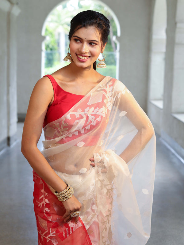 Banarasee Dual Color Organza Mix Saree With Zari Jaal Design-White & Red